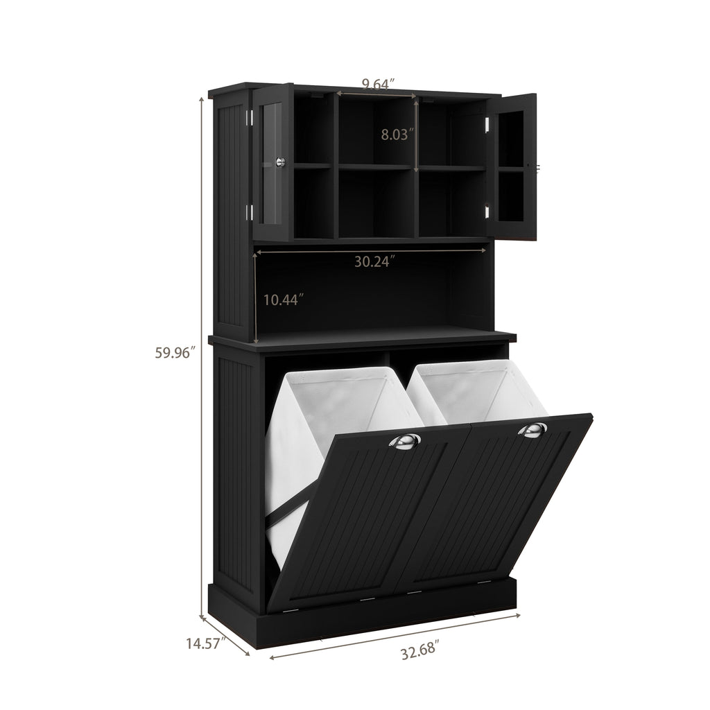 Two-Compartment Tilt-Out Dirty Laundry Basket Tall Bathroom Cabinet with 2 Adjustable Shelves-Black