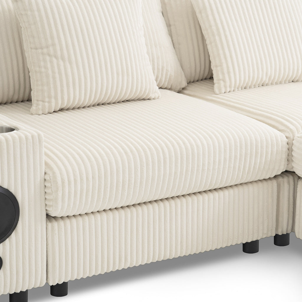 Modular Corduroy Sectional Sofa with Bluetooth Speakers, USB Charger, Cup Holders, Storage, Ottoman, 114*64'' Cream