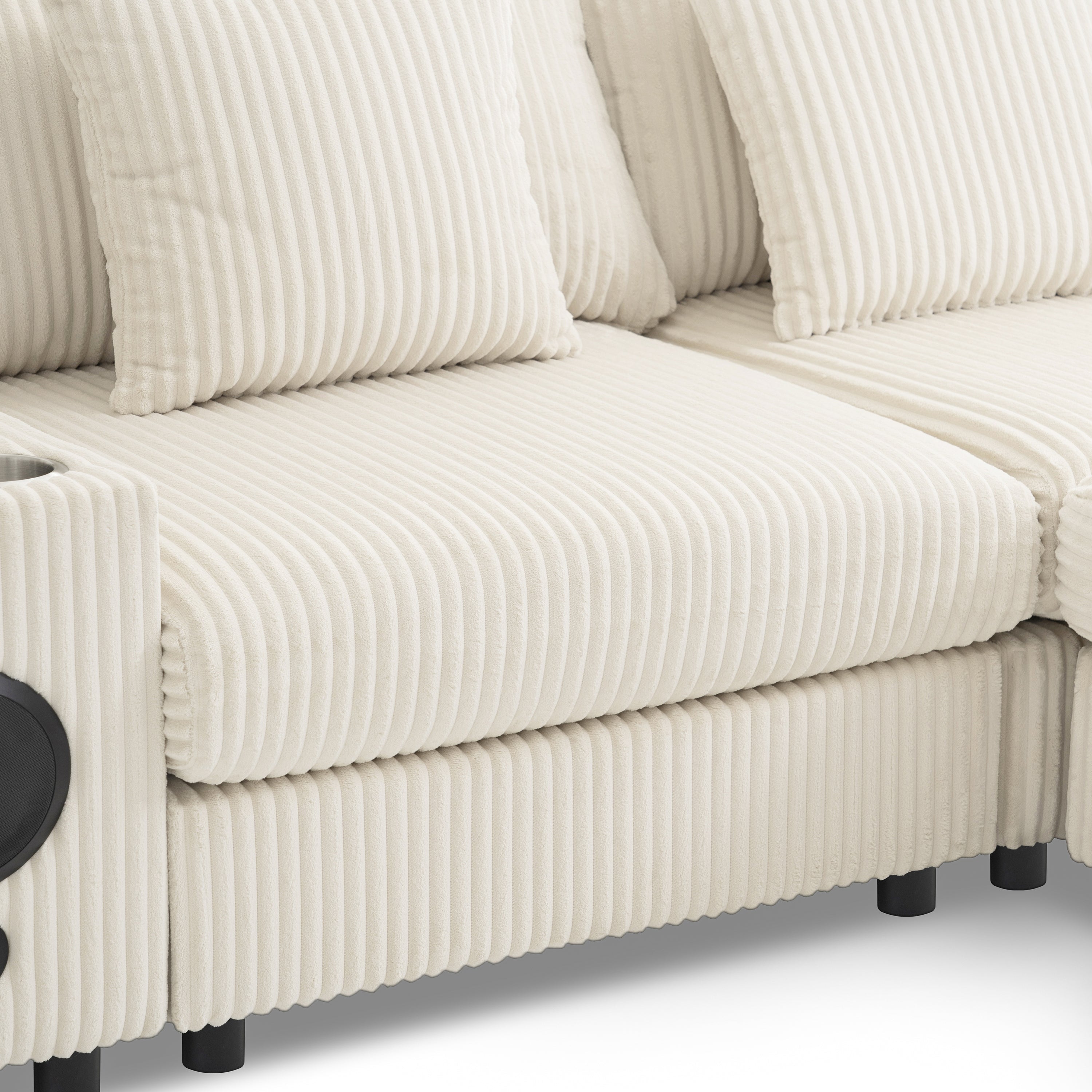 Modular Corduroy Sectional Sofa with Bluetooth Speakers, USB Charger, Cup Holders, Storage, Ottoman, 114*64'' Cream
