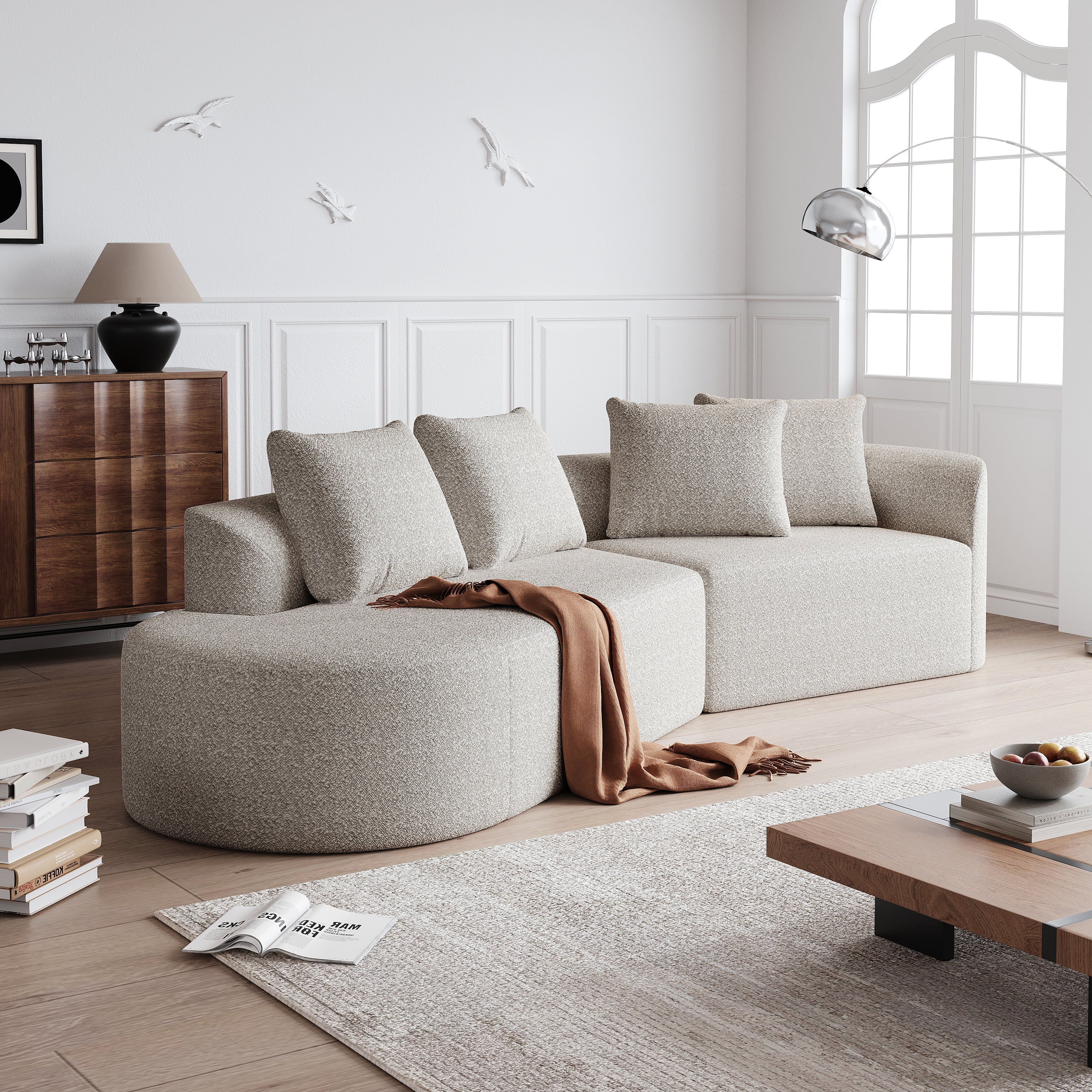 Modern Upholstered Oversized Sectional Sofa, 112-Inch Chenille 4-Seater Extra Deep & Wide Seat Curved Cloud Couch with 4 Throw Pillows, Free Combination Sofa Couch for Living Room,Bedroom
