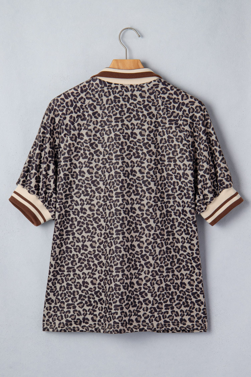Leopard Half Zip Stripe Trim Short Sleeve Top