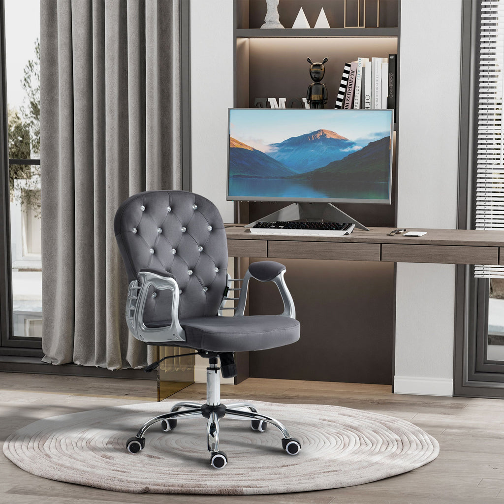 Vinsetto Velvet Home Office Chair, Button Tufted Desk Chair with Padded Armrests, Adjustable Height and Swivel Wheels, Dark Gray