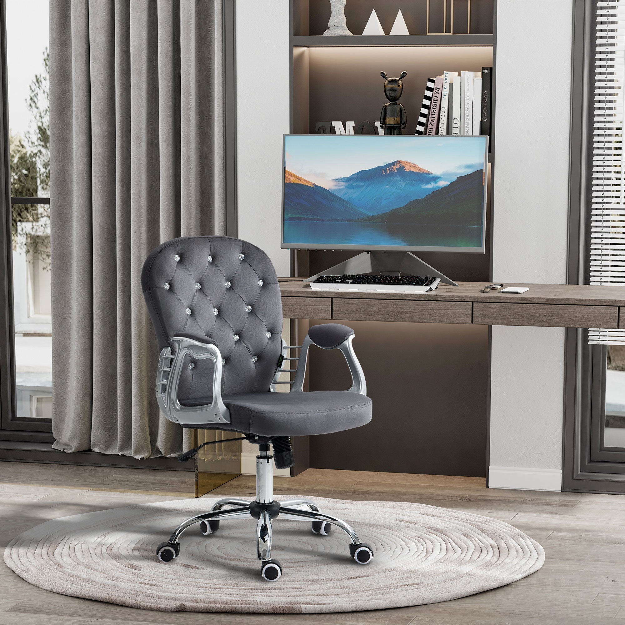 Vinsetto Velvet Home Office Chair, Button Tufted Desk Chair with Padded Armrests, Adjustable Height and Swivel Wheels, Dark Gray