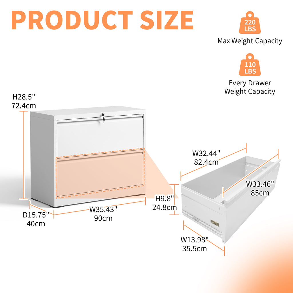 Modern 2-Drawer Steel Lateral File Cabinet with Lock, White Metal Filing Cabinet for Home Office Use