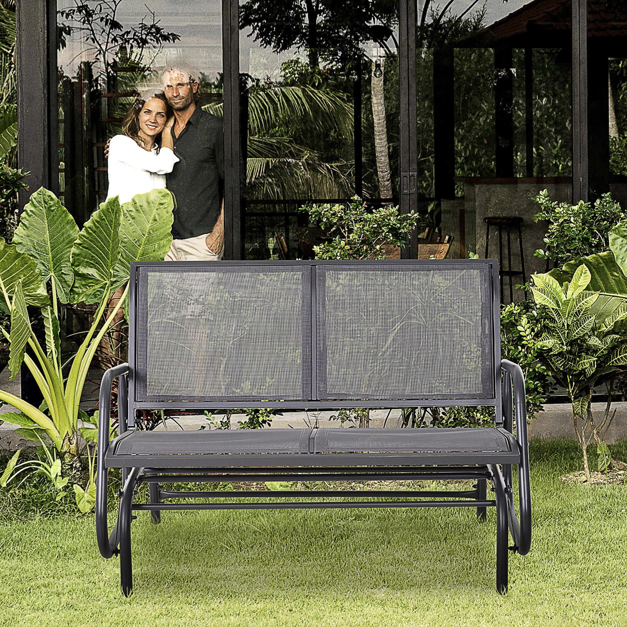Outsunny - 2 Person Outdoor Glider Bench, Patio Double Swing Rocking Chair Loveseat With Powder Coated Steel Frame For Backyard Garden Porch - Gray
