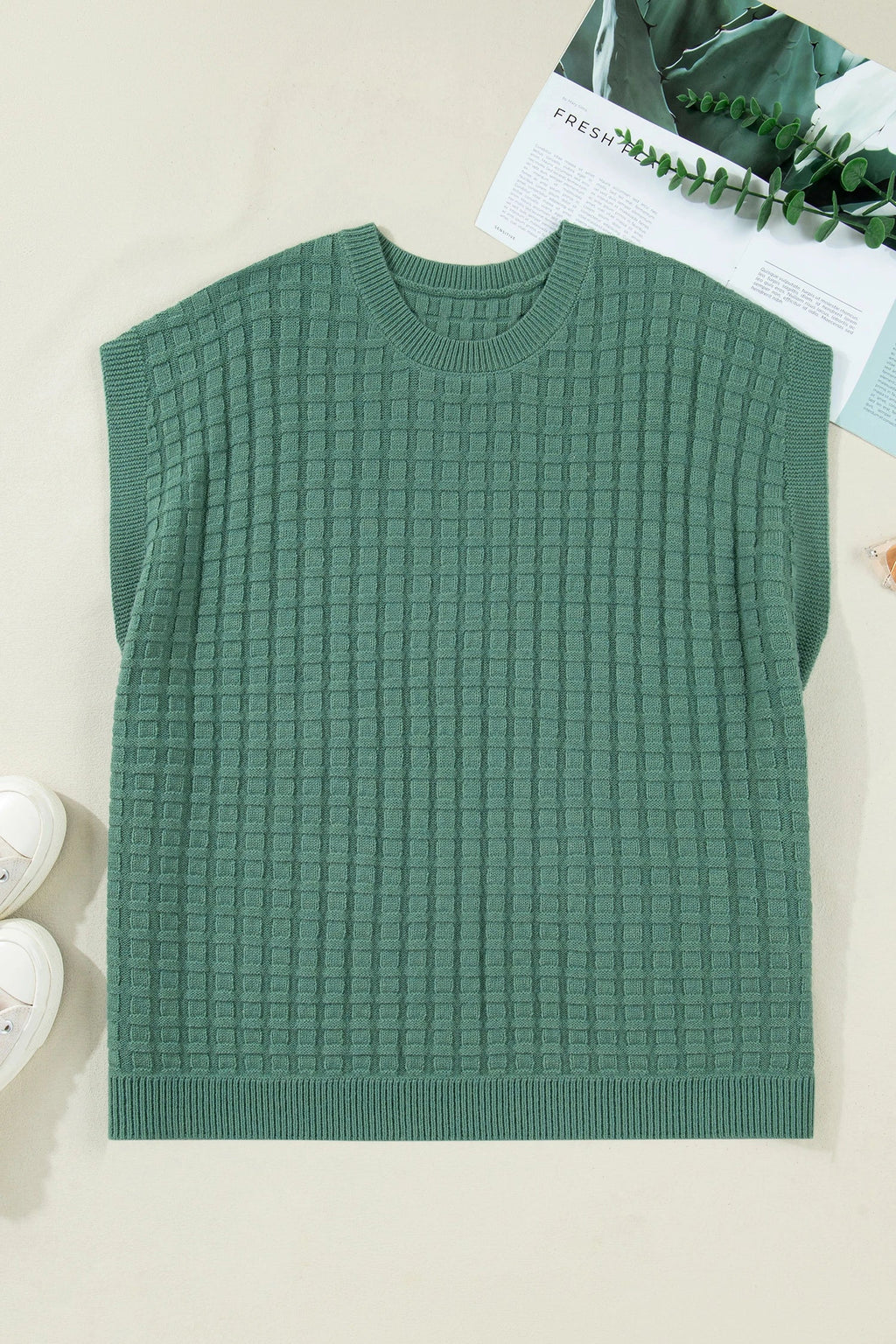 Plus Size Solid Textured Knit Short Sleeve Top