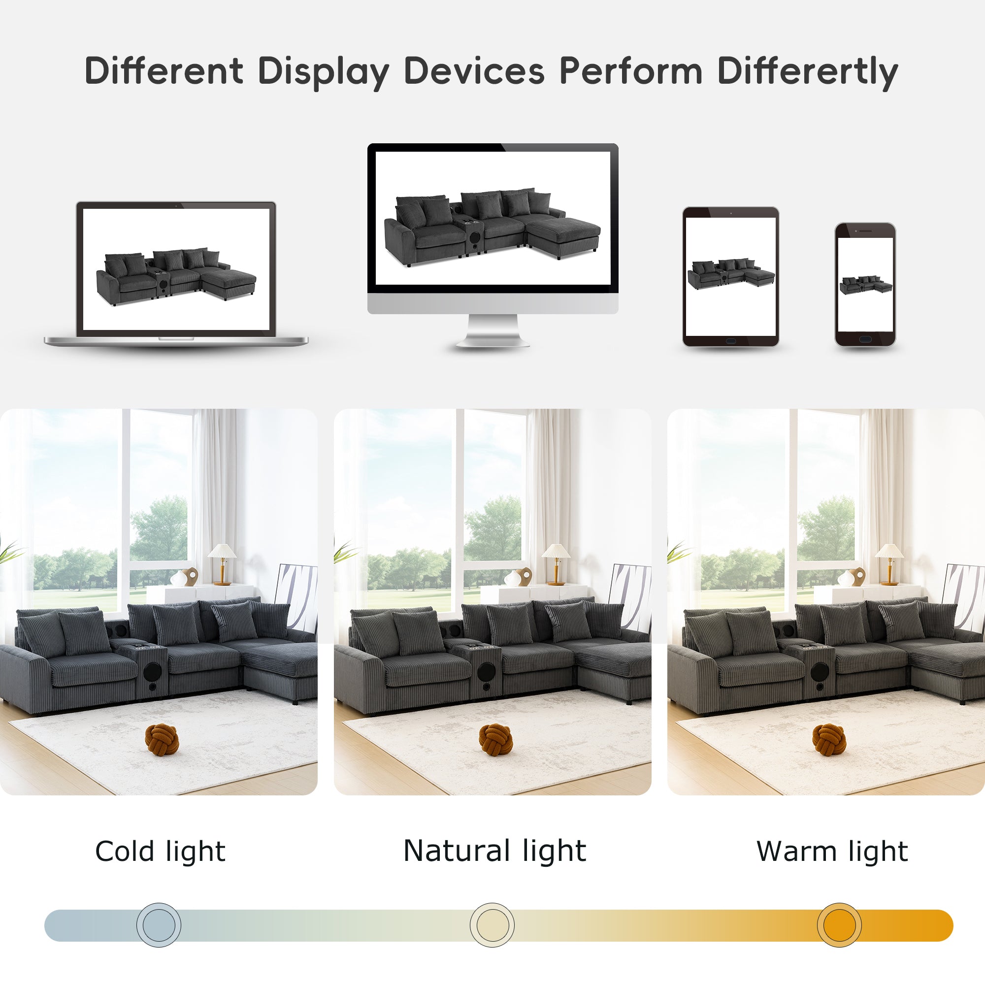 Modular Corduroy Sectional Sofa with Bluetooth Speakers, USB Charger, Cup Holders, Storage, and Ottoman in Dark Gray