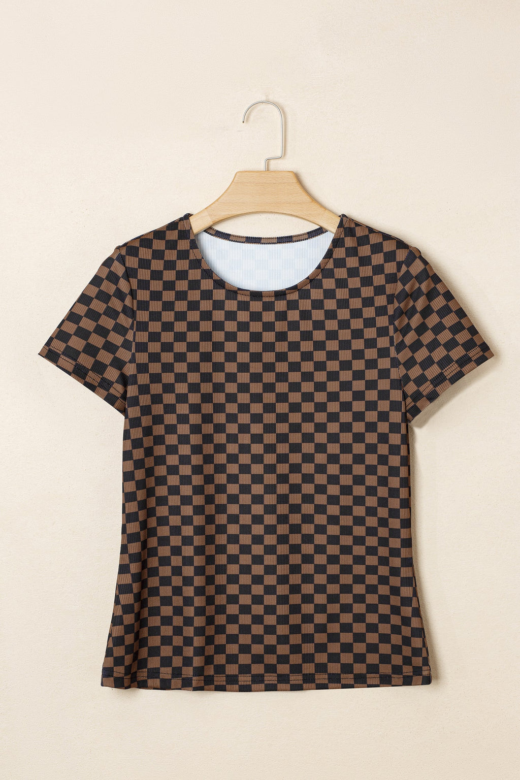 Checker Ribbed Knit Short Sleeve T-Shirt