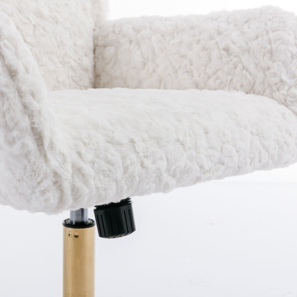 A&A Furniture Artificial Rabbit Hair Office Chair with Golden Metal Base, Adjustable Swivel Vanity Chair, Beige Velvet