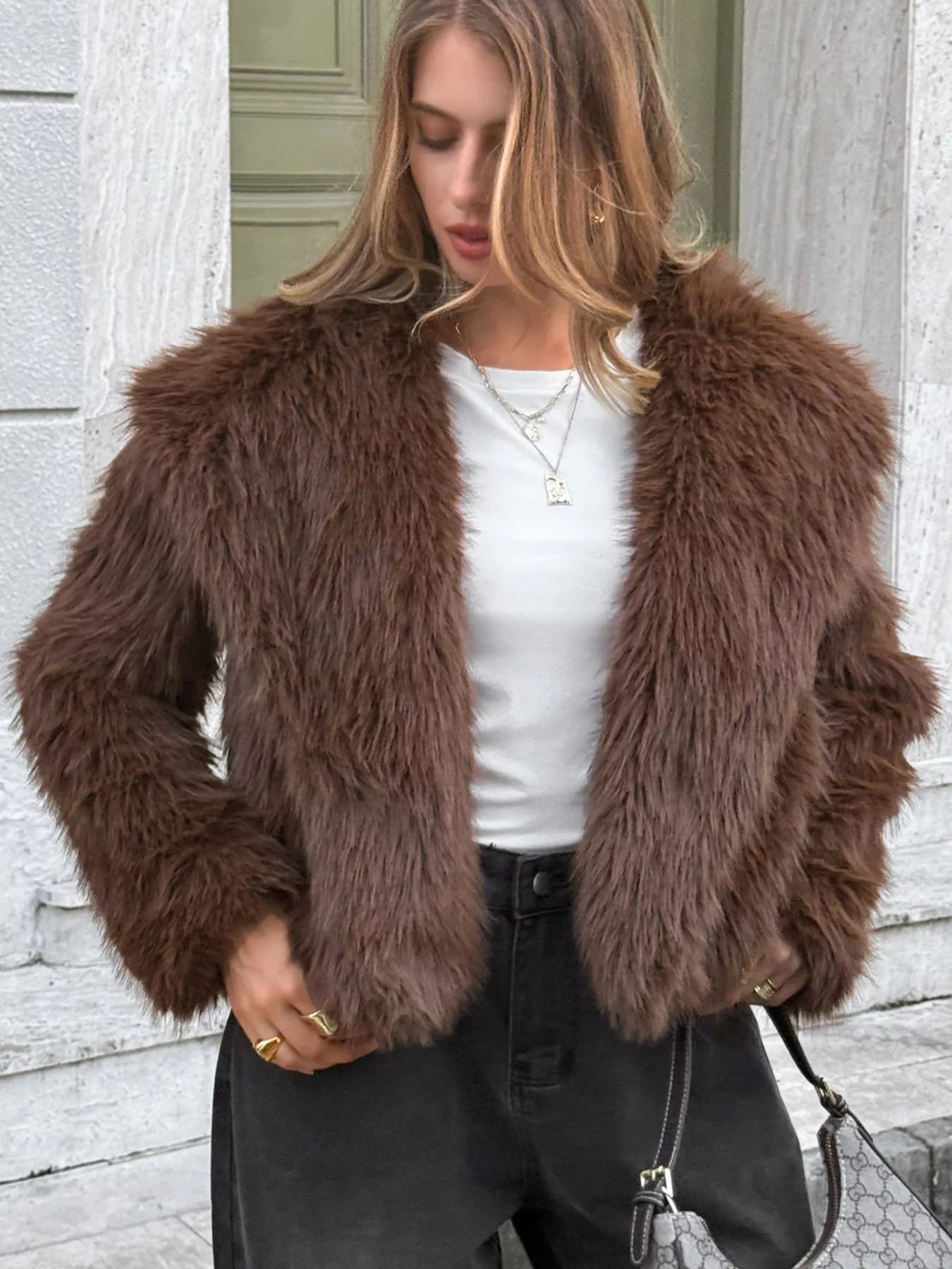 Open Front Faux Fur Cropped Jacket Women Lined Polyester