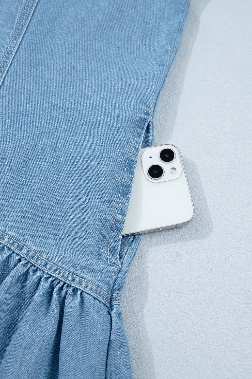 Denim Short Puff Sleeve Ruffle Hem Buttoned Dress