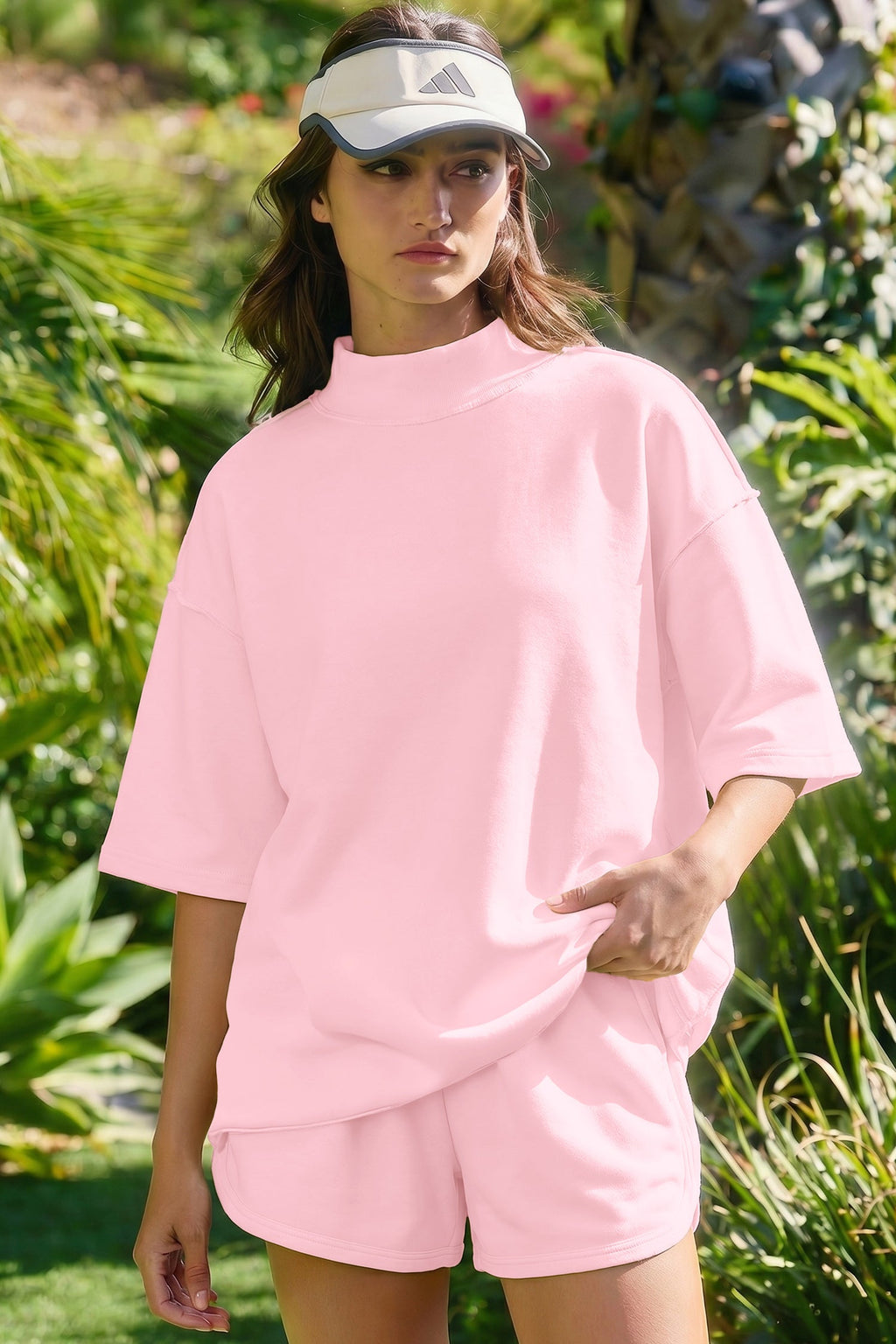 Solid Exposed Seam Mock Neck Tee & Shorts Set