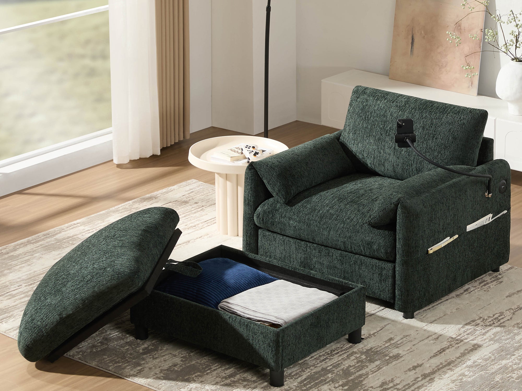 38' Single Sofa with Storage Ottoman, Adjustable Phone Holder, USB Charger, Side Storage Pockets, Pillow-Like Armrests, Wide Seat Chaise Lounge for Living Room&Apartment, Chenille, 4 Colors