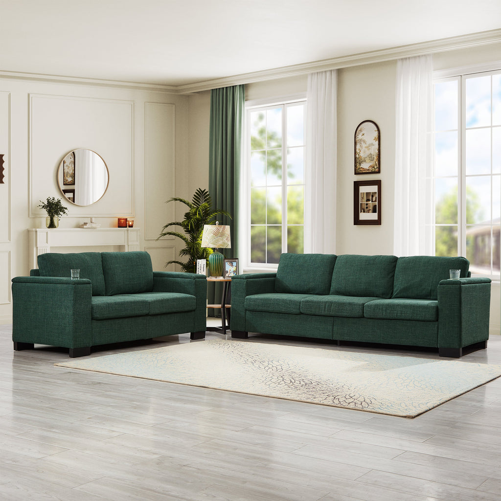 Two Pieces 2+3 Seater Sofa Modern Style Living Room Sofa Fabric Couch,Square Arm Sofa with Cup Holder,Storage Sofa,Upholstered Polyester Green