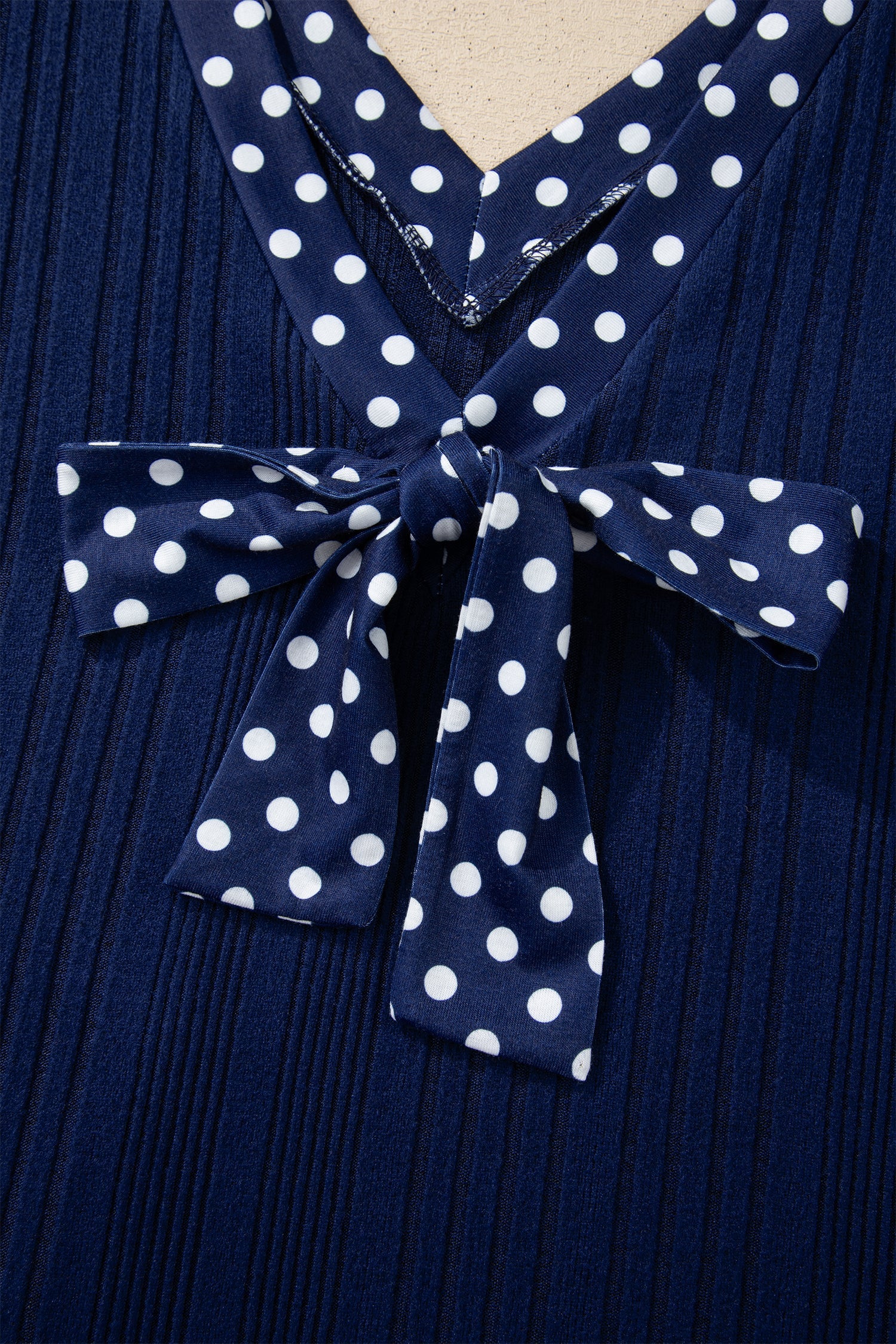 Polka Dot Patchwork Bow Tie V-Neck Top