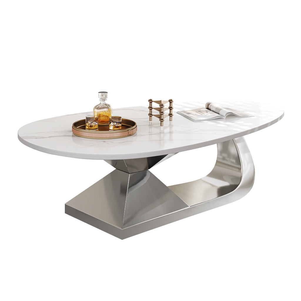Modern Sintered Stone Tabletop Coffee Table with Stainless Steel Base - Elegant and Durable Living Room Centerpiece