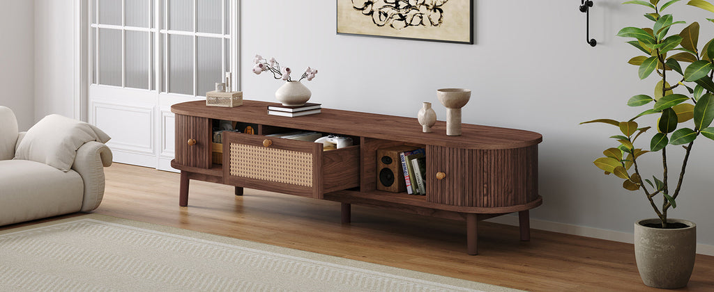 Modern Design TV Stand for 75' TVs, Media Console TV Cabinet with Rattan-Front Drawer for Living Room, 1 Drawer and 2 Sliding-Door Cabinets