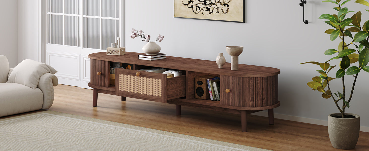 Modern Design TV Stand for 75' TVs, Media Console TV Cabinet with Rattan-Front Drawer for Living Room, 1 Drawer and 2 Sliding-Door Cabinets