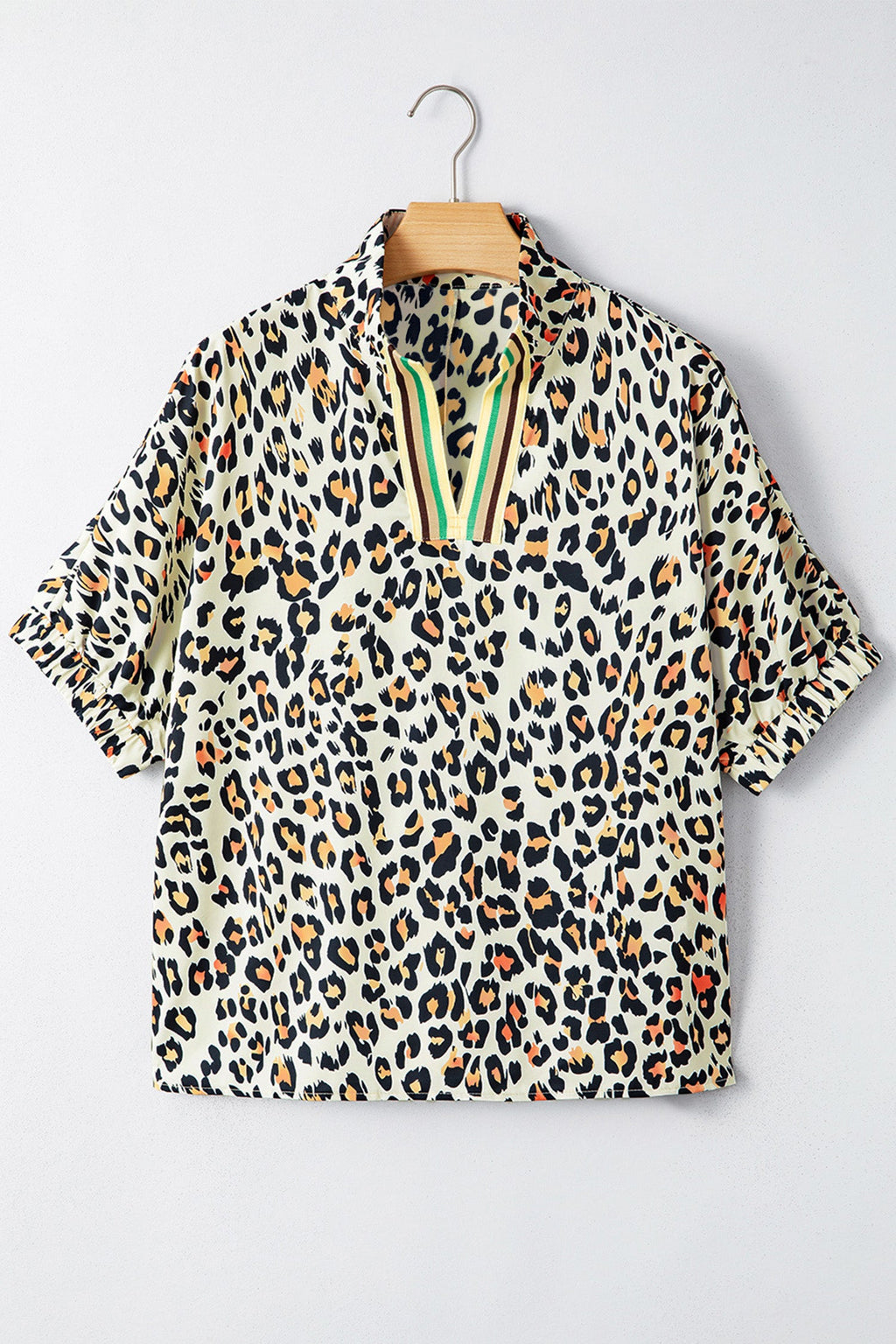 Leopard Colorblock Contrast V-Neck Short Sleeve Blouse