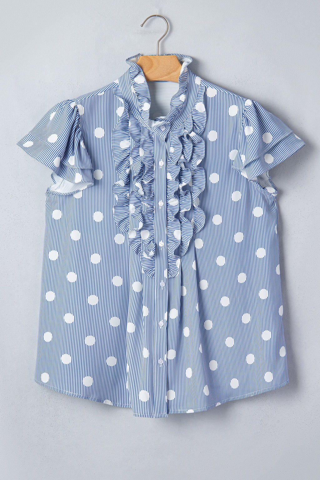 Stripe Contrast Polka Dot Pleated Ruffle Sleeve Shirt