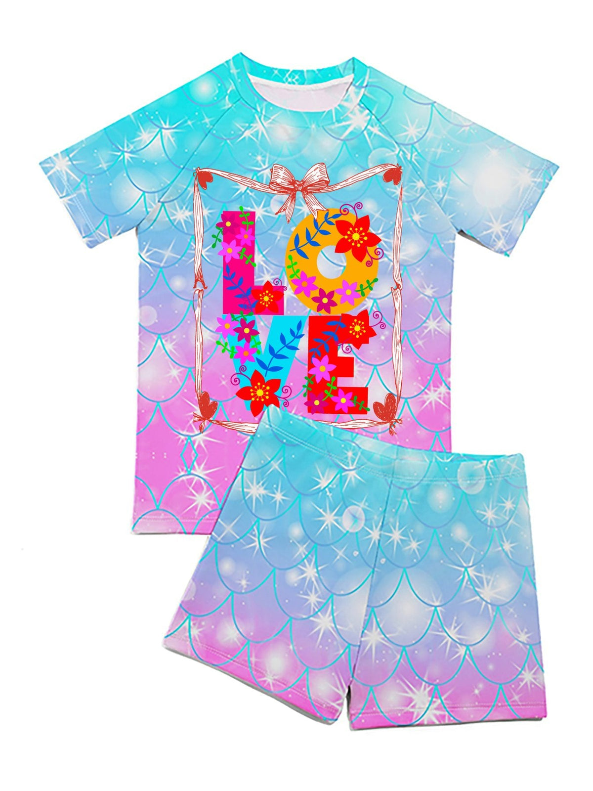 Floral LOVE Short Sleeved Swimsuit for Children (Front Printing)