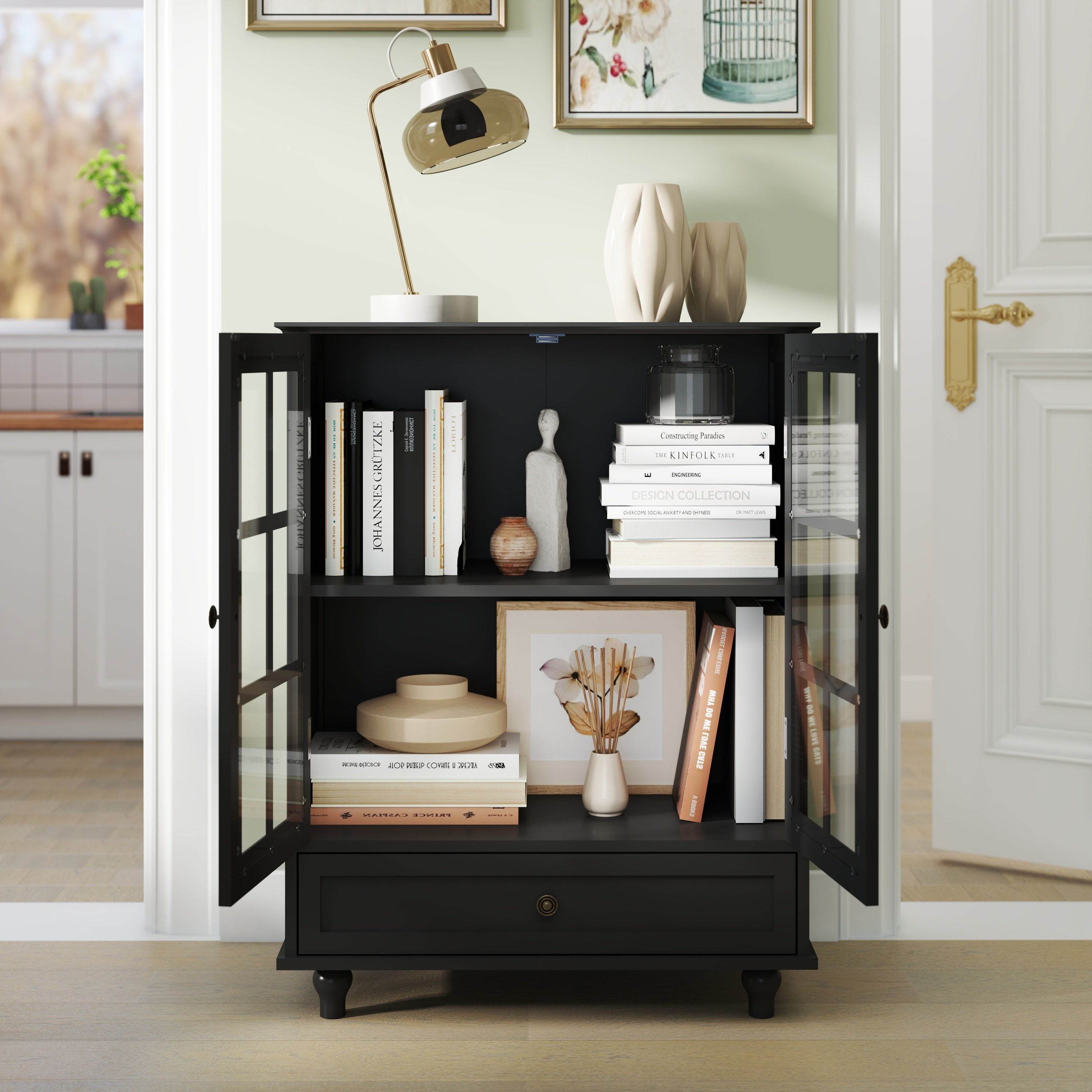 Minimalist Buffet Cabinet with Double Glass Doors and Drawer, Modern Wooden Storage Sideboard in Black