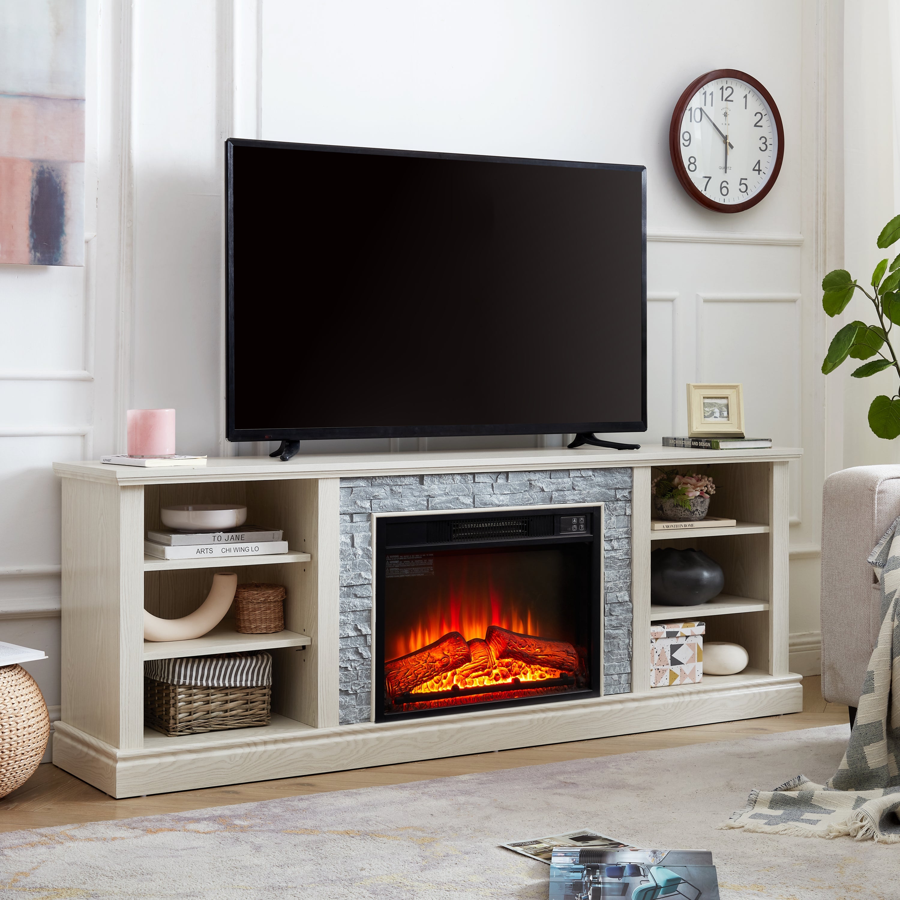 Large Faux Stacked Stone TV Desk Storage Rack, Media Console Table with Large Storage Cabinet,Modern  TV Media Stand with 23' Fireplace Insert,White, 70.12'W*15.35'D*25.83'H