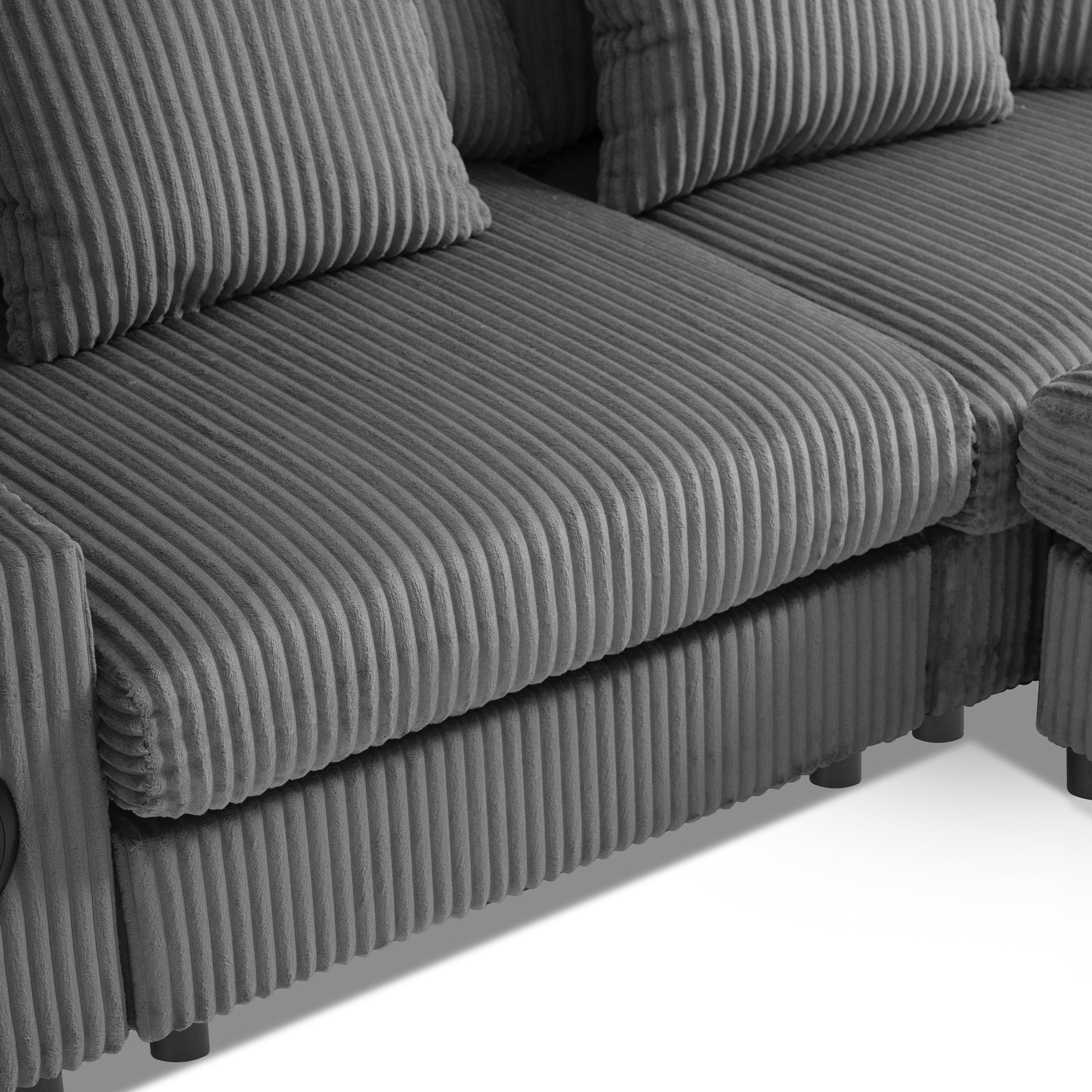 Modular Corduroy Sectional Sofa with Bluetooth Speakers, USB Charger, Cup Holders, Storage, and Ottoman in Dark Gray