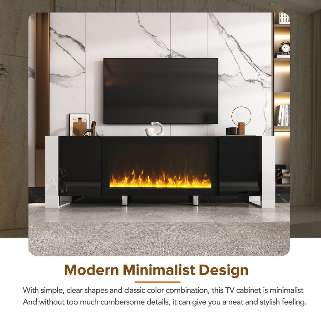 ON-TREND Modern TV Stand with 34.2' Non-heating Electric Fireplace, High Gloss Entertainment Center with 2 Cabinets, Media Console for TVs up to 78', Black