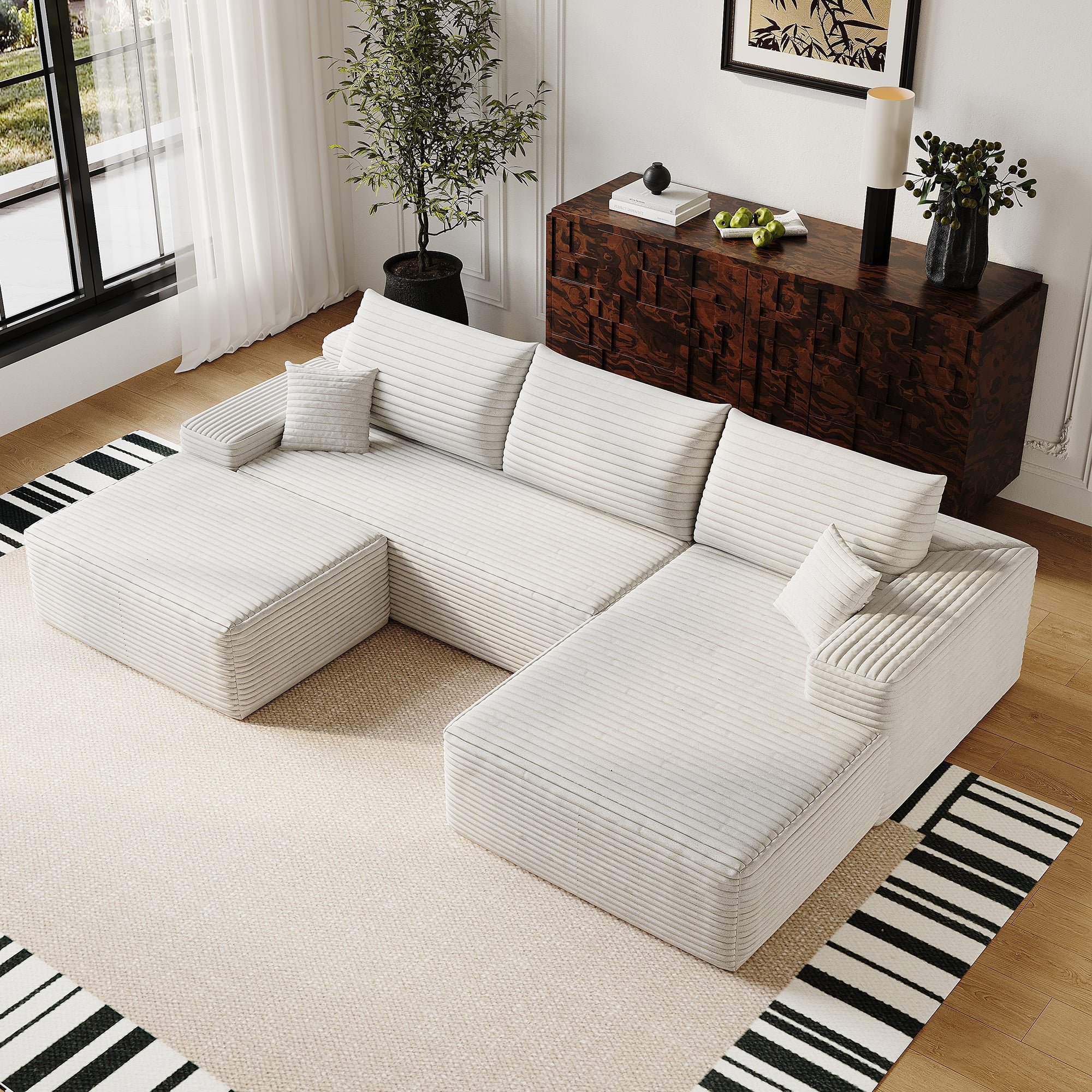 107' Cloud Sectional Sofa with 1 Ottoman,Modern Minimalist Upholstered Couches, Comfort U Shaped Sofa for Living Room,Deep Seat Corner Couch,No Assembly Required (Plush Corduroy Fabric),White