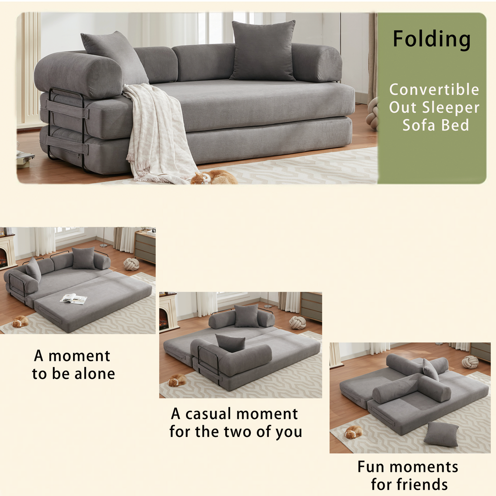 [NEW ARRIVED] [VIDEO PROVIDED] 78.5' Folding Convertible Out Sleeper Sofa Bed,4-in-1 DIY Combination Convertible Sofa,3 seat, Folding  Sofa, King Size , Bedroom,Apartment,Corduroy,Gray