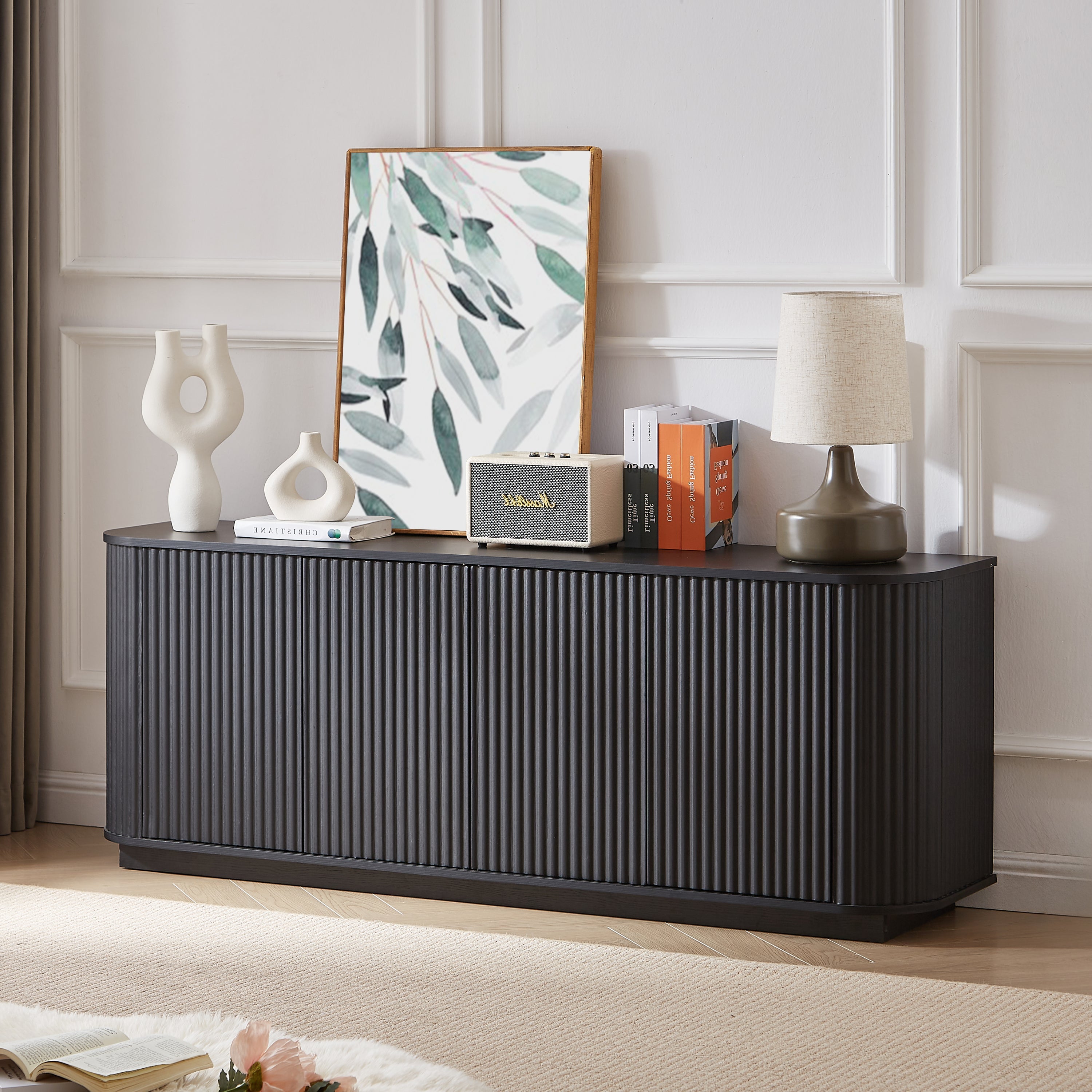 Sideboard Storage Cabinet TV Stand with wave pattern Buffet Cabinet Wooden Vertical Striped Cabinet for Kitchen/Bedroom/Entryway. Black, 64''W x 15''D x 24''H.