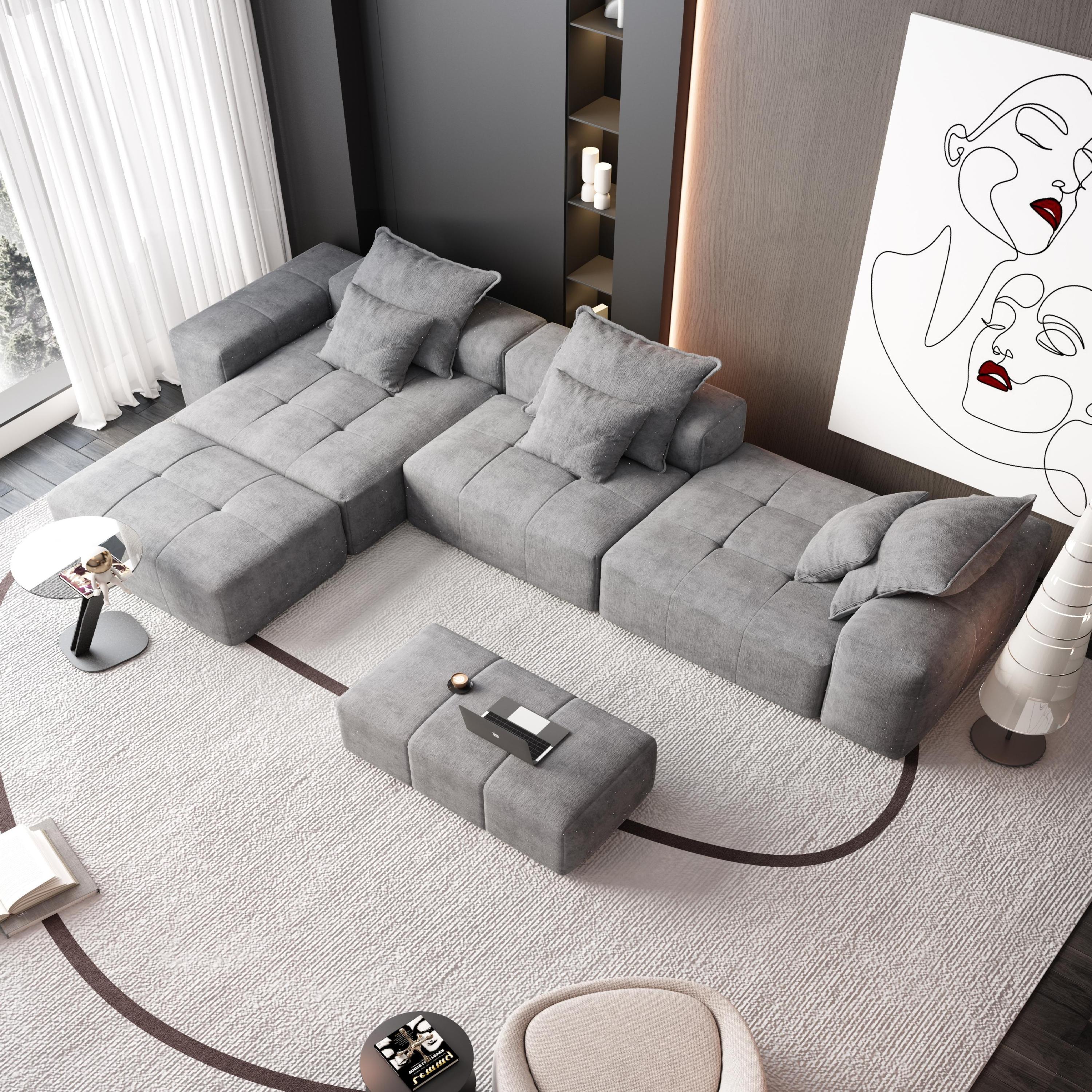 Modern Oversized Modular Sectional Sofa, Sparkling Chenille Fabric Soft Cushion Sofa with 6 Pillows, 6 PCS DIY Combination Tufted Sofa, No Assembly Required, GREY
