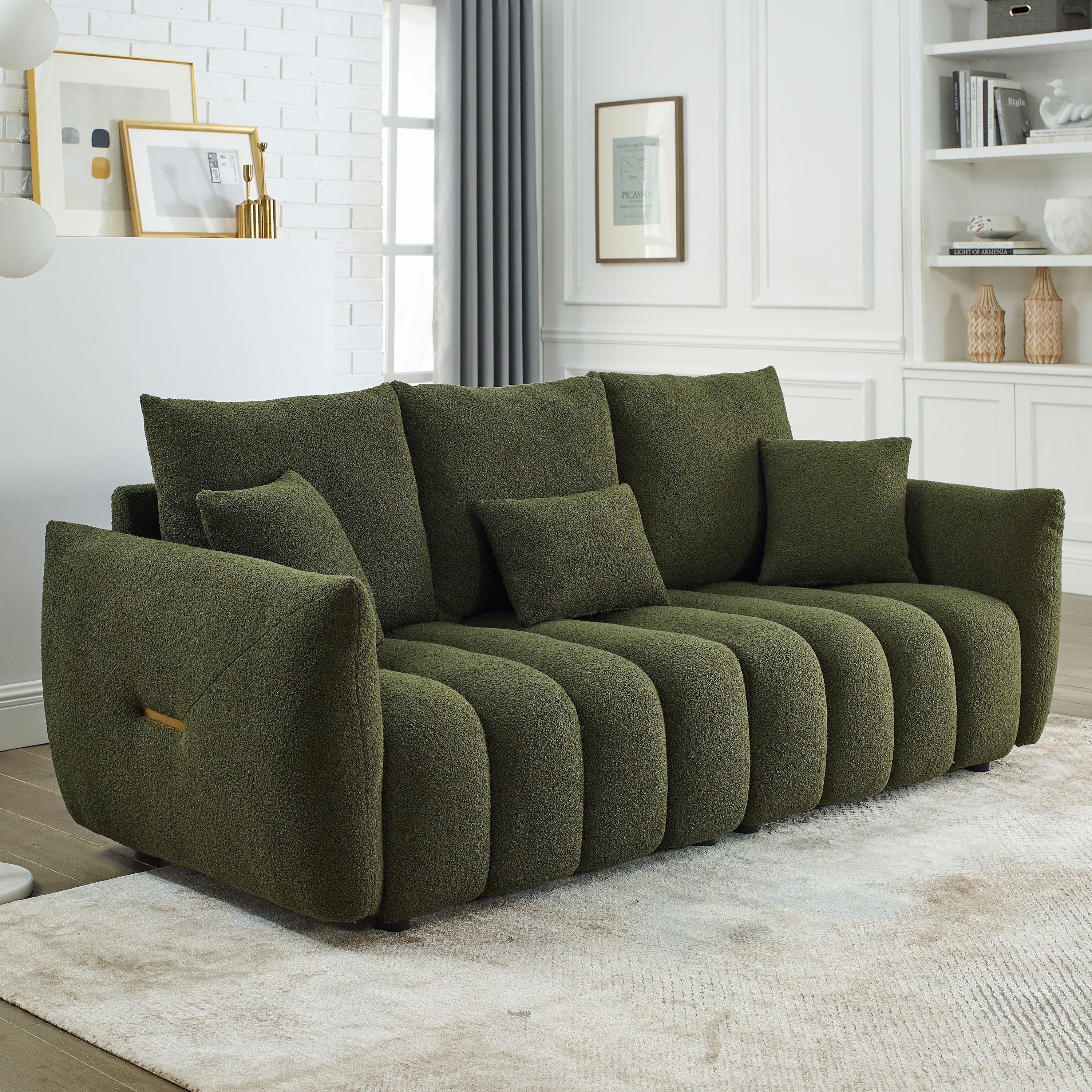 [video]MH 82' Premium Teddy fabric Sofa with 3 Back Pillows and 3 back Cushions Solid Wood Frame 3-Seater Sofa, Oversized Upholstered Chair for Living Room, Bedroom, Apartment and Office