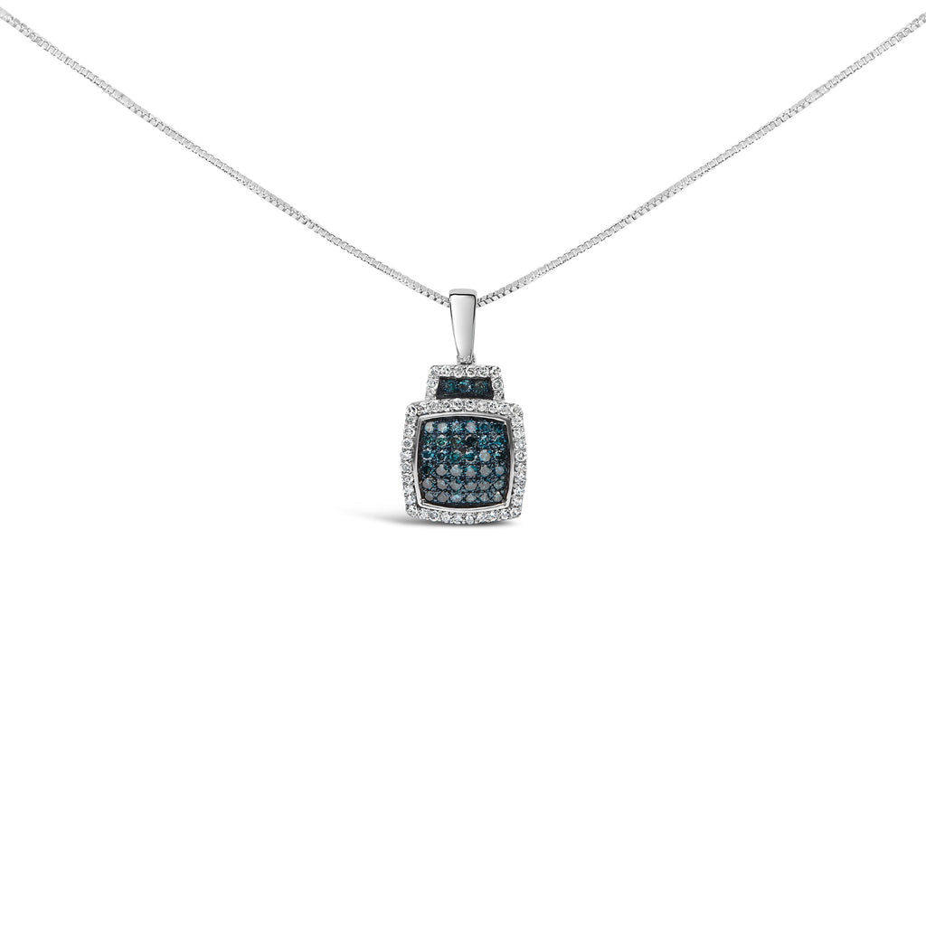 .925 Sterling Silver 1/2 Cttw Blue Diamond with White Diamond Halo Block Pendant Necklace