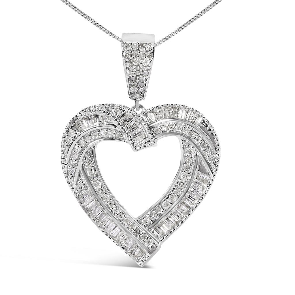 .925 Sterling Silver 1.00 Cttw Baguette and Round Diamond Open Heart Pendant Necklace