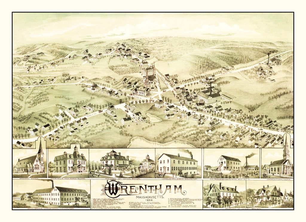 Vintage Map of Wrentham, Massachusetts 1888