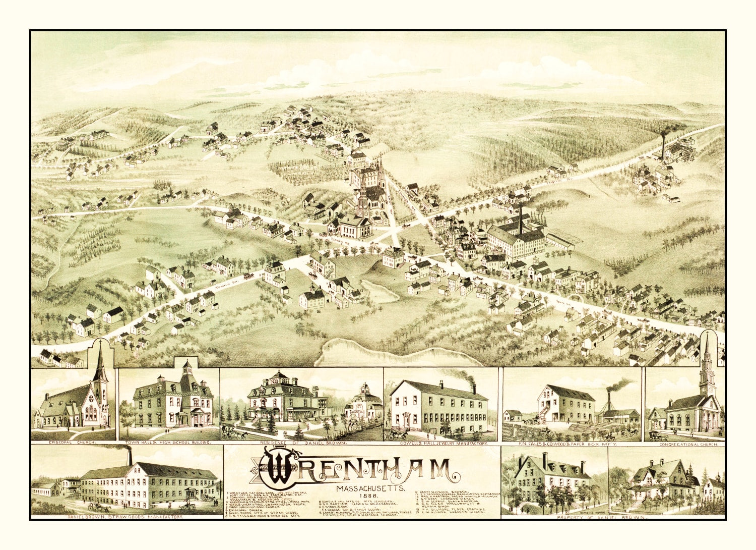 Vintage Map of Wrentham, Massachusetts 1888
