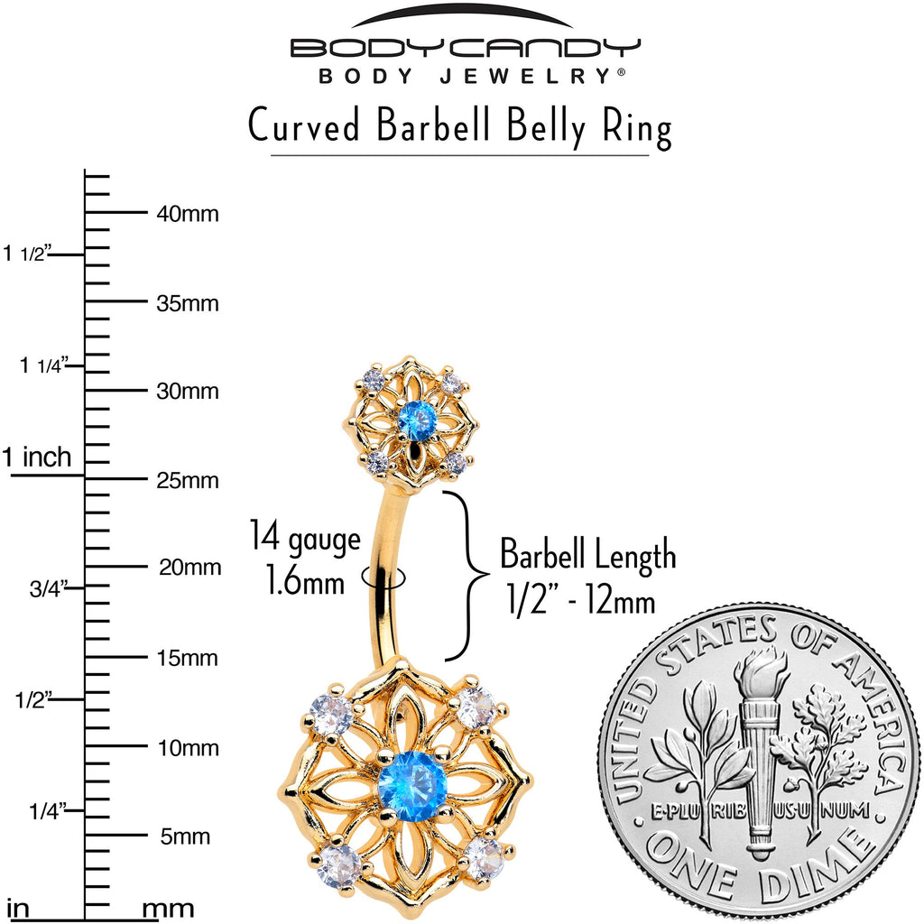 Blue CZ Gem Gold Tone Flower Ring Double Mount Belly Ring