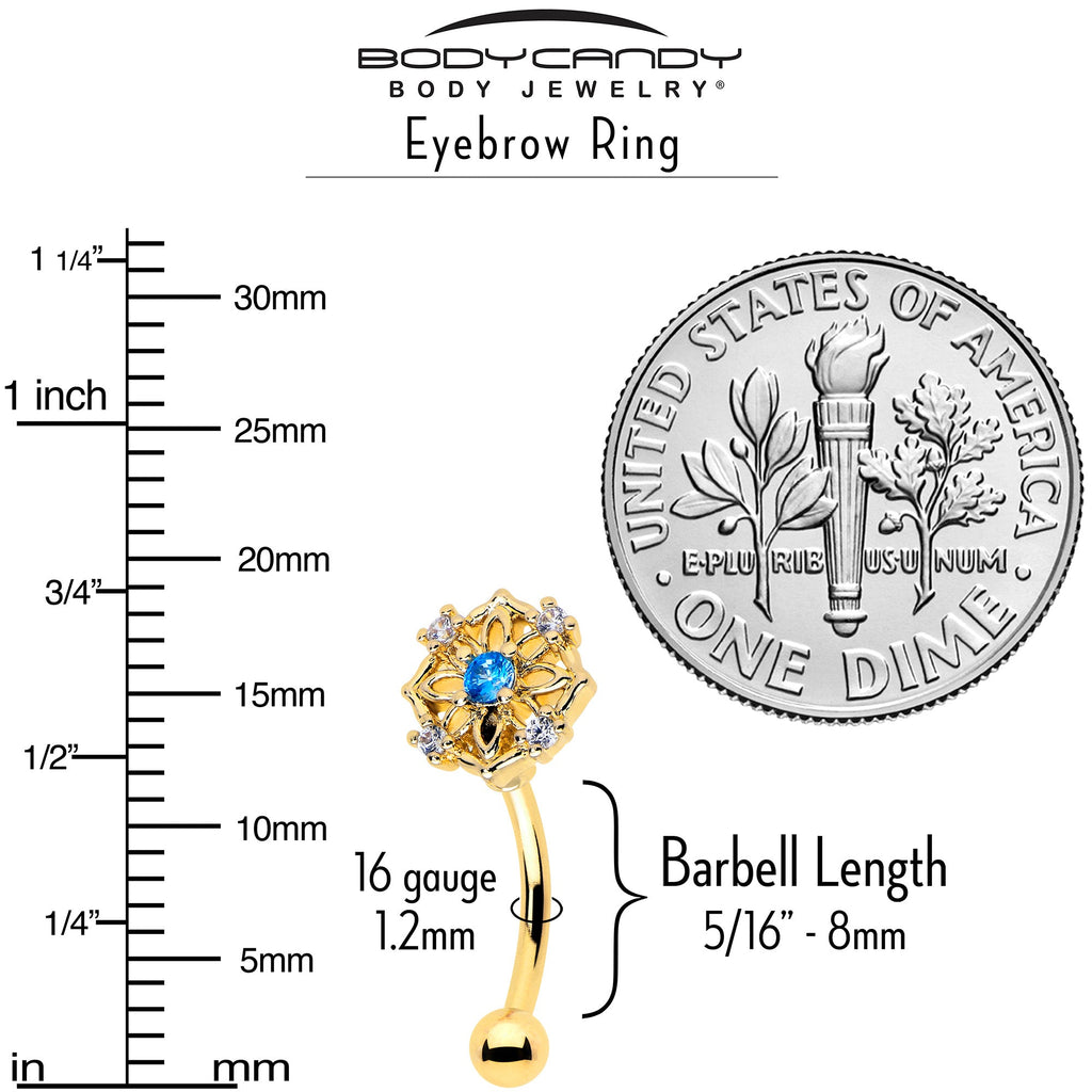 16G 5/16 Blue CZ Gem Gold Tone Flower Ring Curved Eyebrow Ring