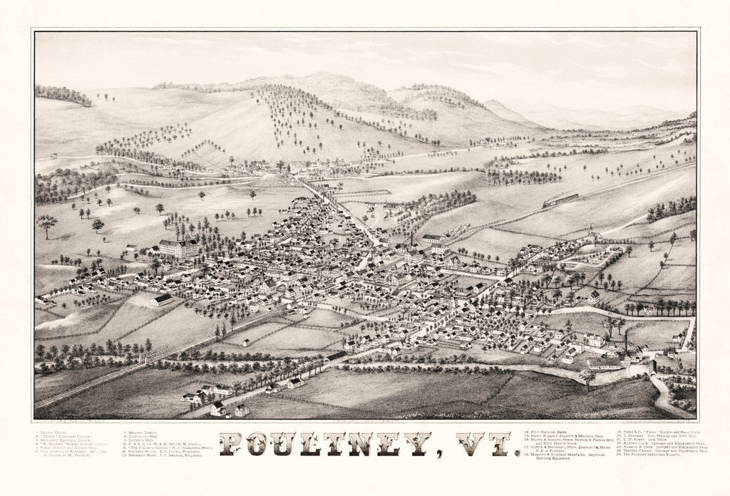 Vintage Map of Poultney, Vermont 1886
