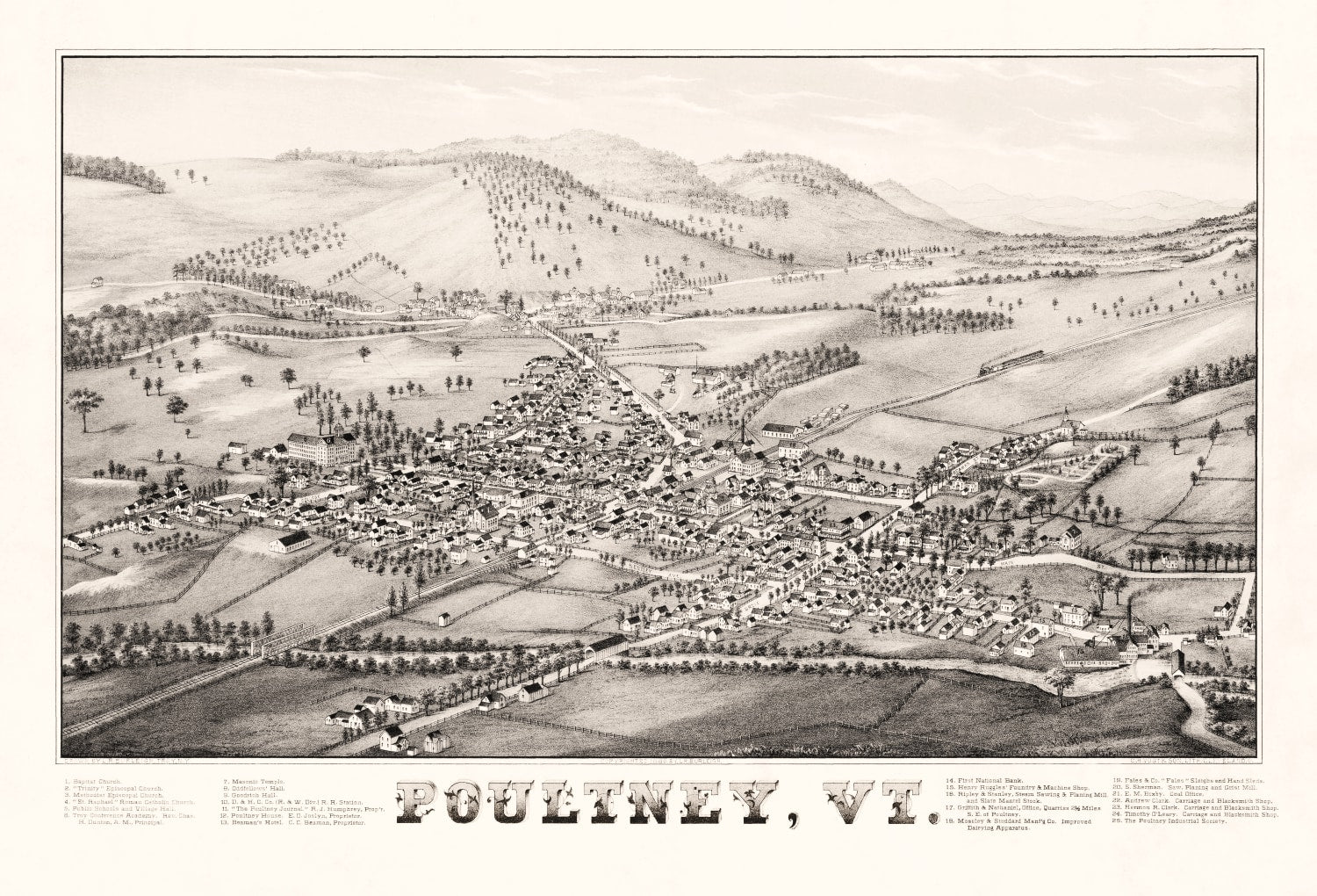Vintage Map of Poultney, Vermont 1886