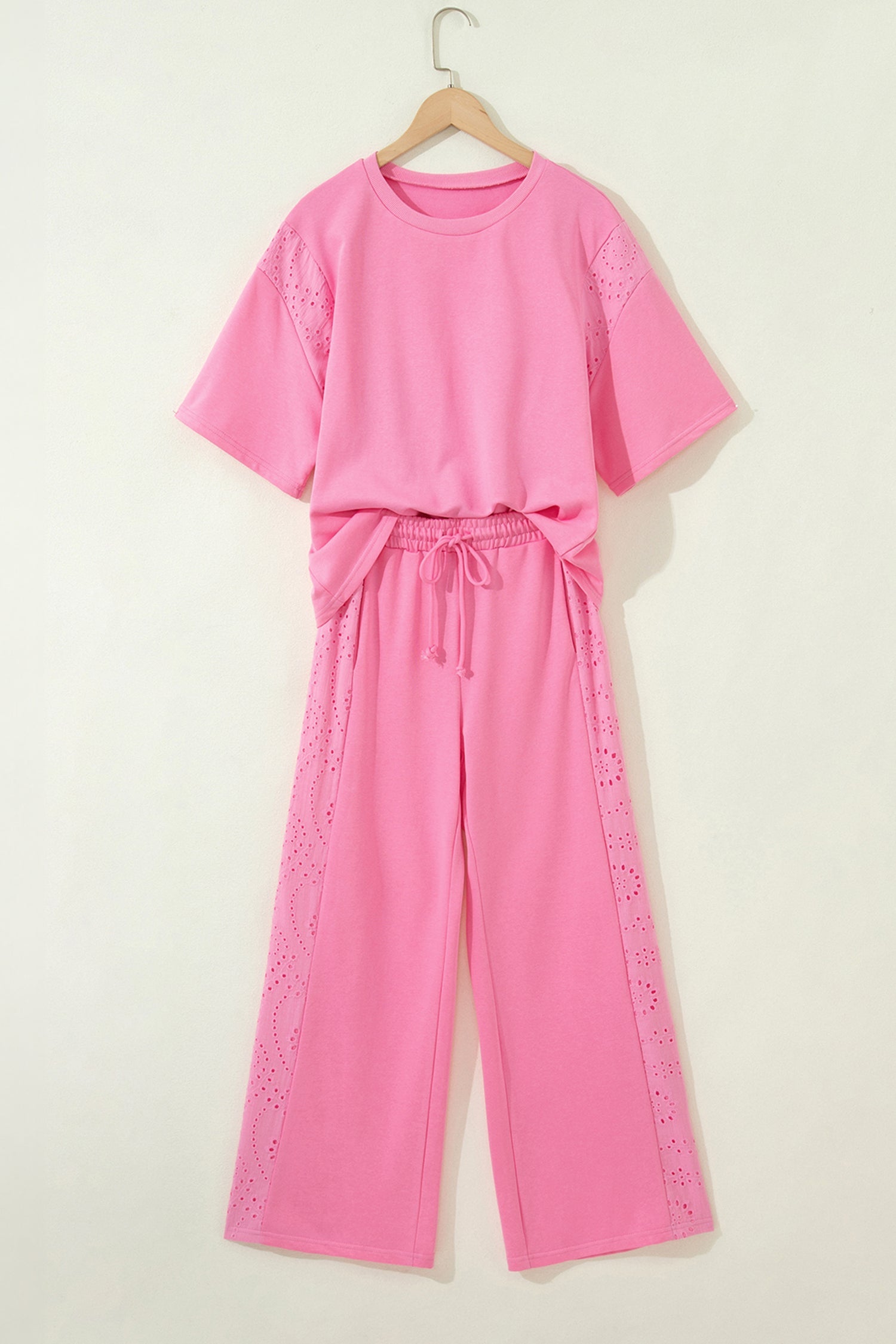 Solid Embroidered Eyelet Patchwork Top & Pants Set