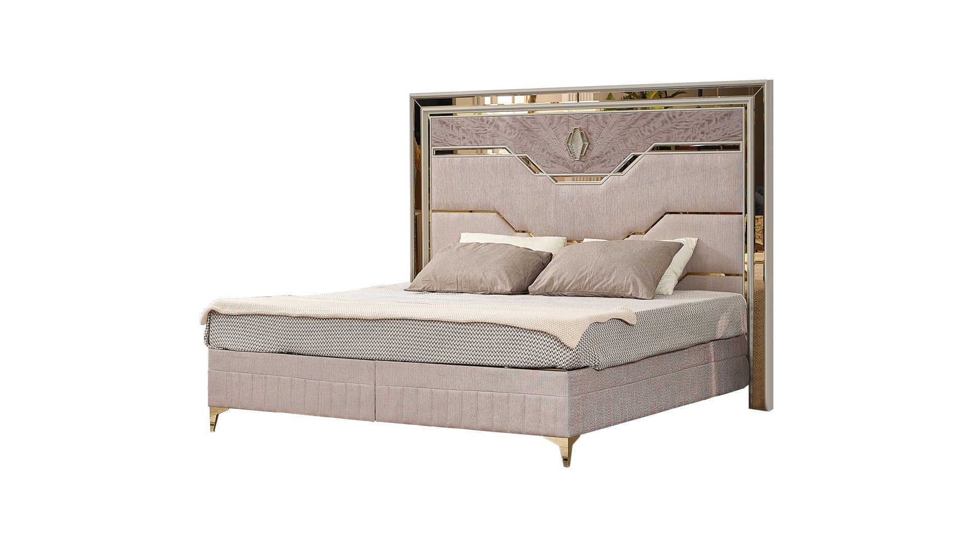 Omari Modern Style 4 Pc Queen Upholstered Bedroom Set Made with Wood and Gold Accents in Beige (NJ Inventory)