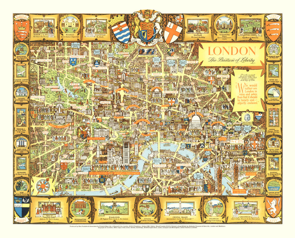 Vintage Map of London, England 1951