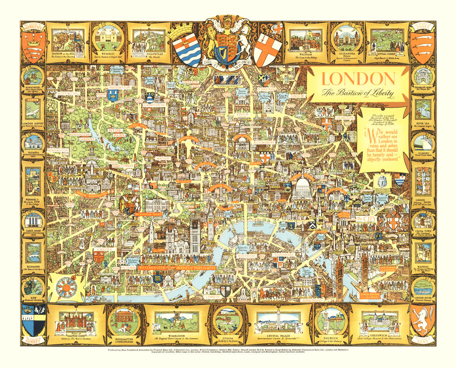 Vintage Map of London, England 1951