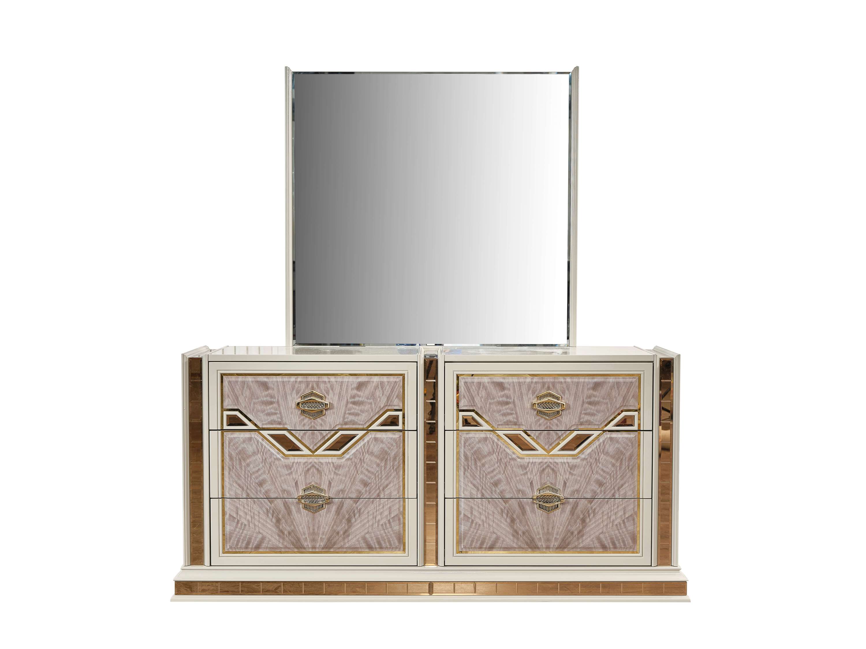 Omari Modern Style 4 Pc Queen Upholstered Bedroom Set Made with Wood and Gold Accents in Beige (NJ Inventory)