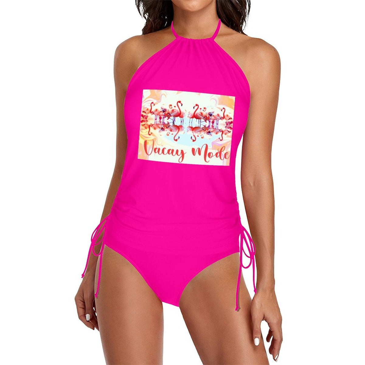 Flamingos in Vacay Mode Halter High Neck 2-Piece Swimsuit (Made in USA)