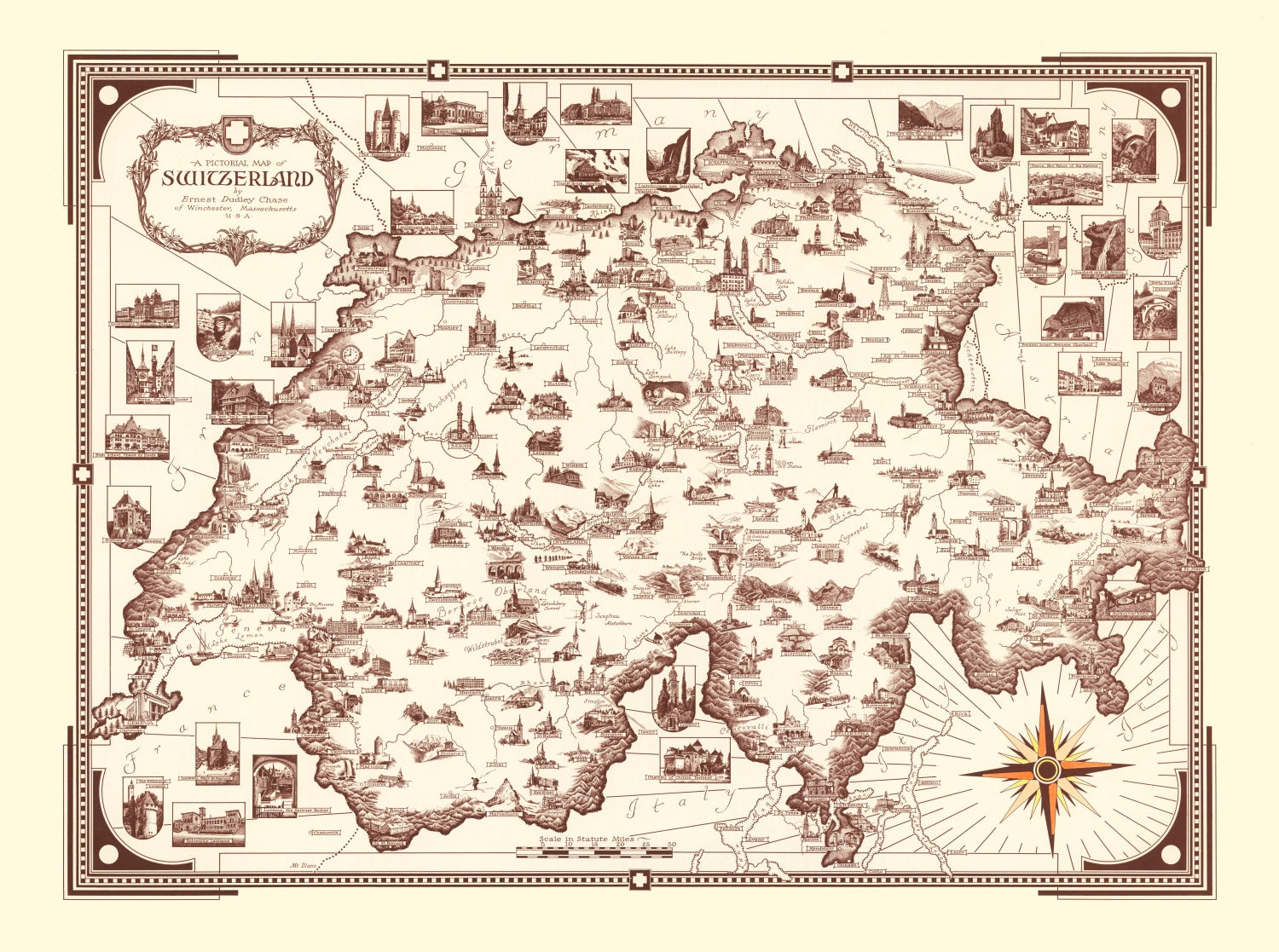 Vintage Pictorial Map of Switzerland, 1936