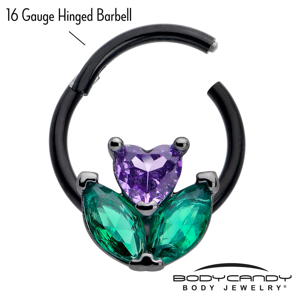 16G 3/8 Purple Green CZ Gem Black Love Flower Hinged Segment Ring